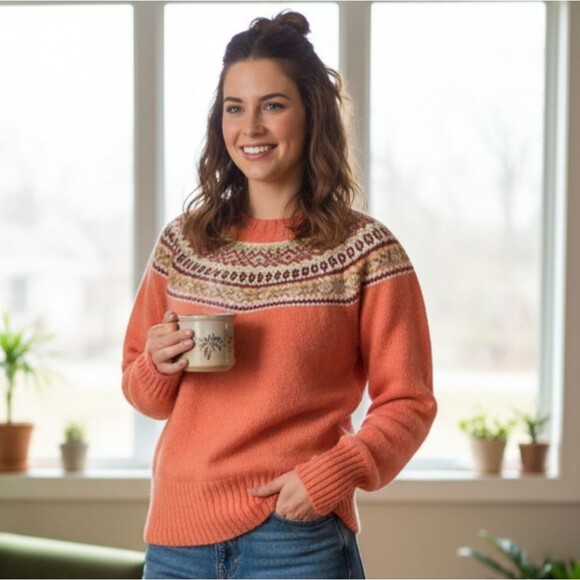 Harley of Scotland Vintage Fair Isle Orange Crew Neck Long Sleeve Sweater - Picture 1 of 10